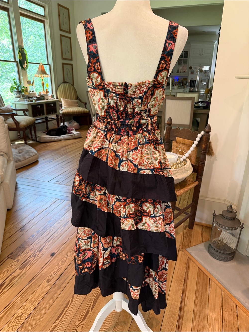 By Anthropologie Square-Neck Printed Tiered Midi
Dress. Size Medium - Picture 10 of 14